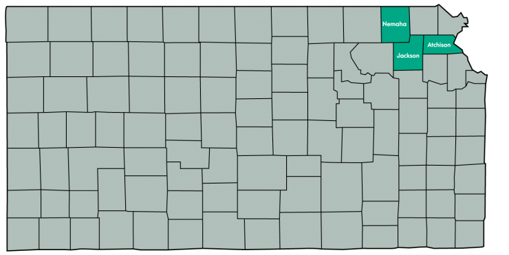 Kansas Map Featuring the following counties: Atchison, Jackson, Nemaha
