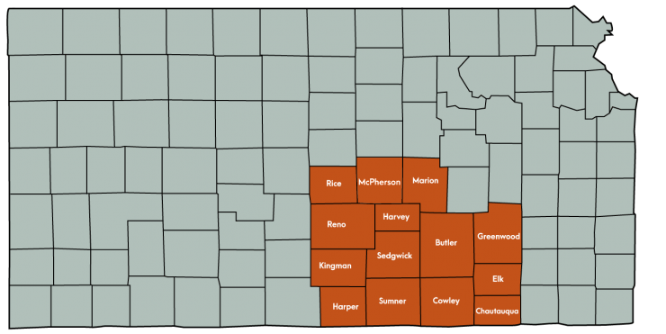 Kansas Map Featuring the following counties: Butler, Chautauqua, Cowley, Elk, Greenwood, Harper, Harvey, Kingman , Marion, Reno, Rice, Sedgwick, Sumner